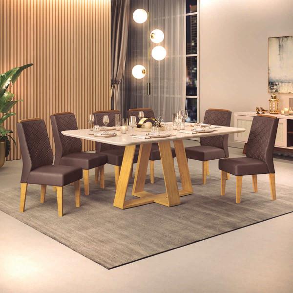 Imagem de Mesa de Jantar Nápoles 6 Lugares 160x90cm Tampo Vidro e MDF  Sem Cadeiras Cedro - Off White - ÉdeCasaMóveis