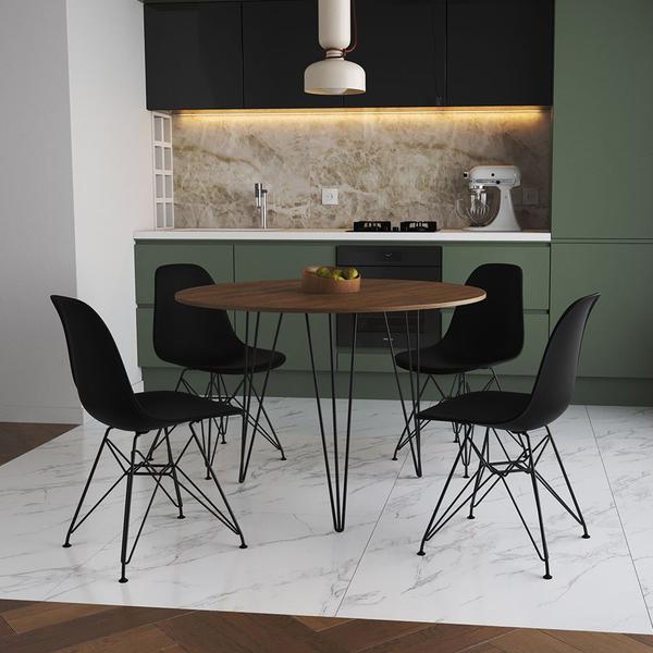 Imagem de Mesa de Jantar Premium Redonda 90cm Amêndoa Clips 3 Pés com 4 Cadeiras Eames Eiffel Pretas Ferro Pre