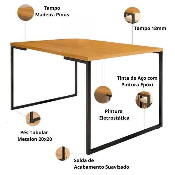 Imagem de Mesa De Jantar Quadrada Para 4 Lugares Cadeiras Tampo Madeira Pés Ferro Preto