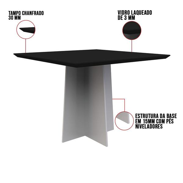 Imagem de Mesa de Jantar Quadrada Tampo com Vidro Tina 100 cm Preto Base Off White - D'Rossi