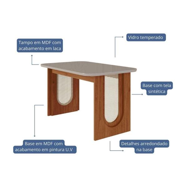 Imagem de Mesa De Jantar Ratangular 130X80cm Tampo Mdf/Vidro Valentina Cimol Cinamomo/Off White