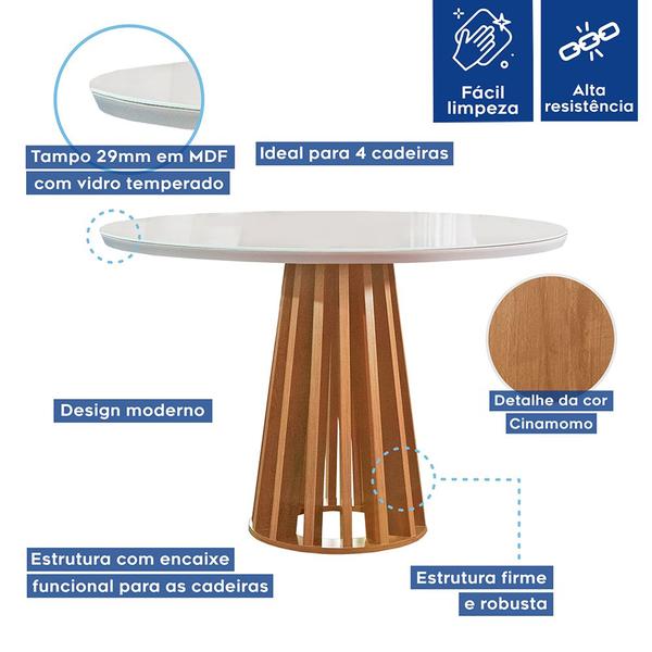 Imagem de Mesa de Jantar Redonda 100cm Kansas Cinamomo/off White com 4 Cadeiras Estofadas Arthus - Suede Bege