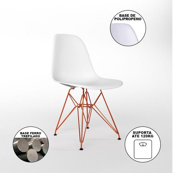 Imagem de Mesa de Jantar Redonda 90cm Preta Clips 3 Pés com 4 Cadeiras Eames Eiffel Brancas Base Cobre