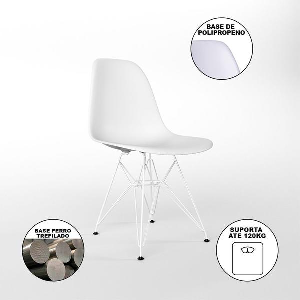 Imagem de Mesa de Jantar Redonda 90cm Preta Clips 3 Pés com 4 Cadeiras Eames Eiffel Brancas Ferro Branco