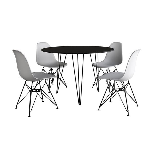 Imagem de Mesa de Jantar Redonda 90cm Preta Clips 3 Pés com 4 Cadeiras Eames Eiffel Brancas Ferro Preto