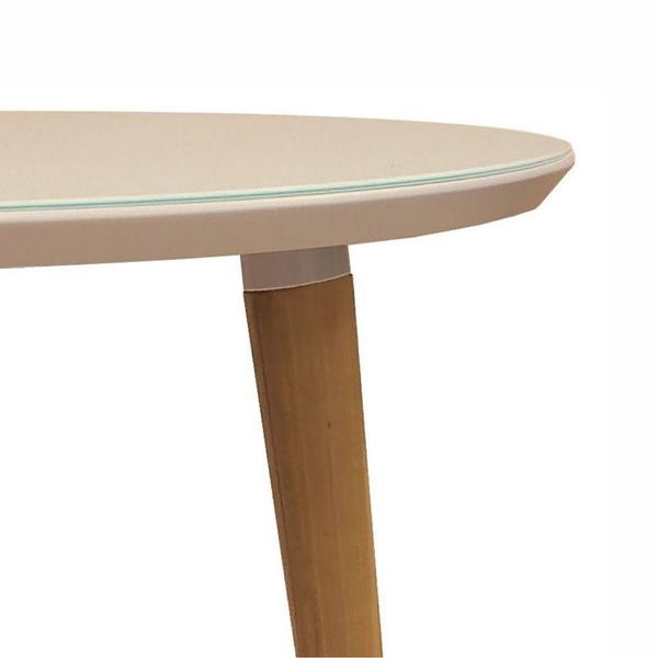 Imagem de Mesa De Jantar Redonda Com Vidro Ivy 90 Cm Off White Pés Retrô Castanho