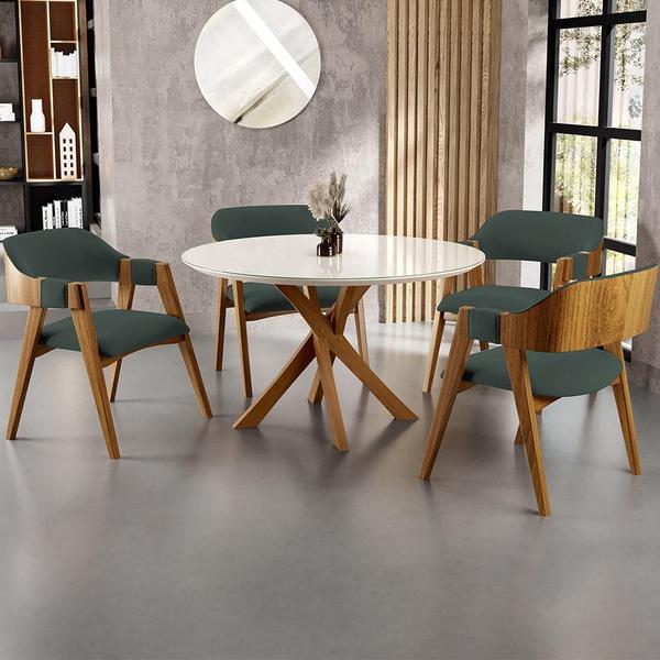 Imagem de Mesa De Jantar Redonda Cora 120cm Off White M04 com 04 Cadeiras Living Suran Suede Verde Musgo - Lyam