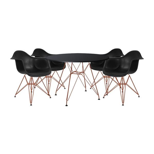 Imagem de Mesa de Jantar Redonda Eames Eiffel 90cm Preta com 4 Poltronas Pretas Ferro Cobre