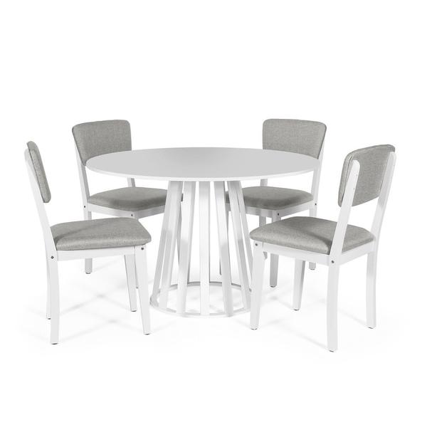 Imagem de Mesa de Jantar Redonda Gabi Branca com 4 Cadeiras Estofadas Ella Branco/Cinza Claro