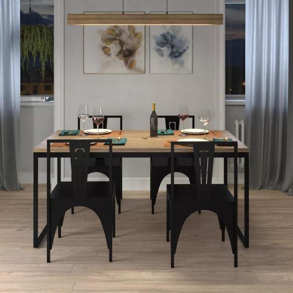 Imagem de Mesa De Jantar Retangular 4 Lugares Madeira Moderna Industrial 120x90cm 