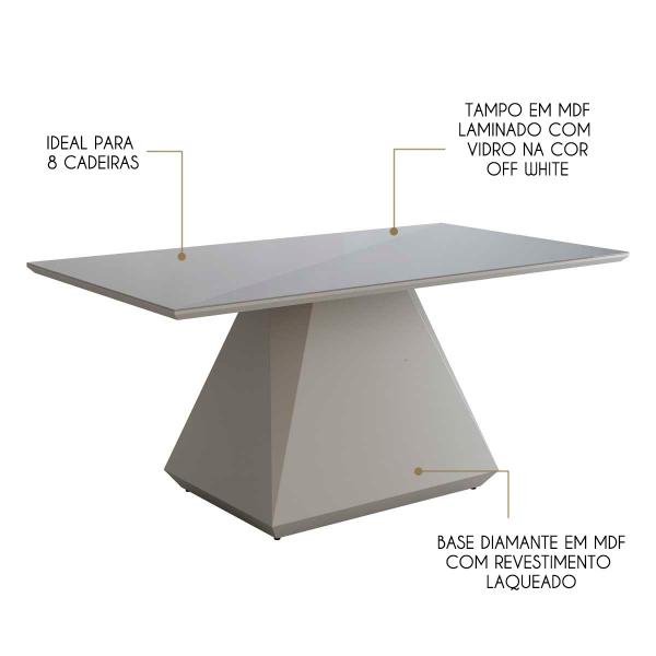 Imagem de Mesa De Jantar Retangular 8 Cadeiras 210x110cm Lia Tampo Vidro 4mm Off White CCS