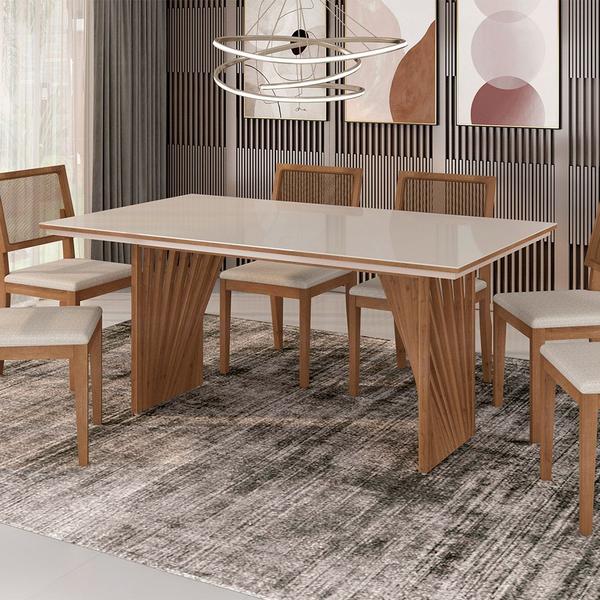 Imagem de Mesa de Jantar Retangular Anny 160x90 cm Off White com Base de Madeira Mel - D'Rossi