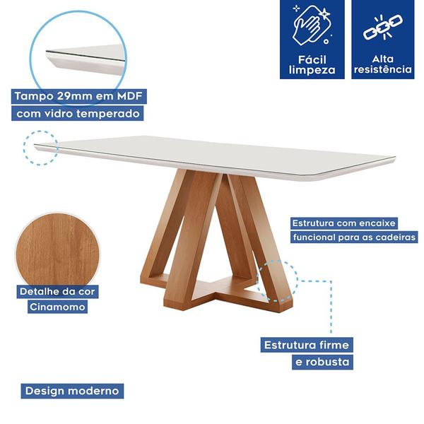 Imagem de Mesa de Jantar Retangular Kyra 170x90cm Cinamomo/off White com 6 Cadeiras Arthus - Suede Bege