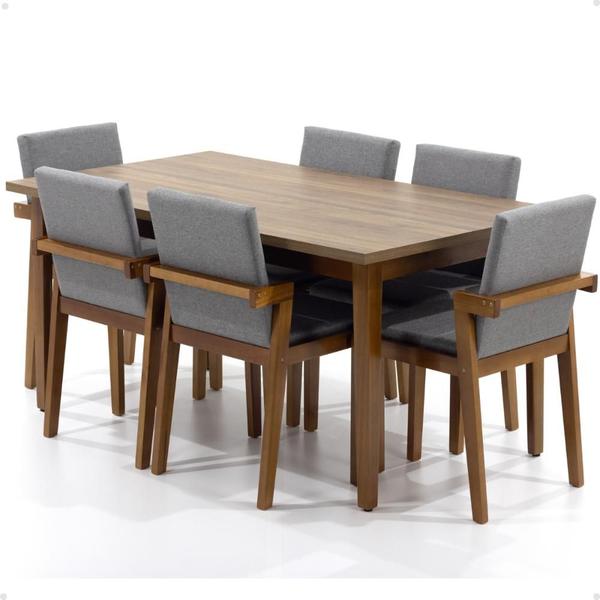 Imagem de Mesa de Jantar Retangular Luiza 160cm Natural com 6 Cadeiras Estofadas Isabela - Cinza