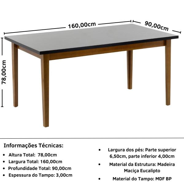 Imagem de Mesa de Jantar Retangular Luiza 160cm Preta com 6 Cadeiras Estofadas Isabela - Cinza