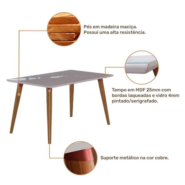 Imagem de Mesa de jantar Retangular Tampo de Vidro com Pés de Madeira Adele 130cm Madeira/Off White - Cimol