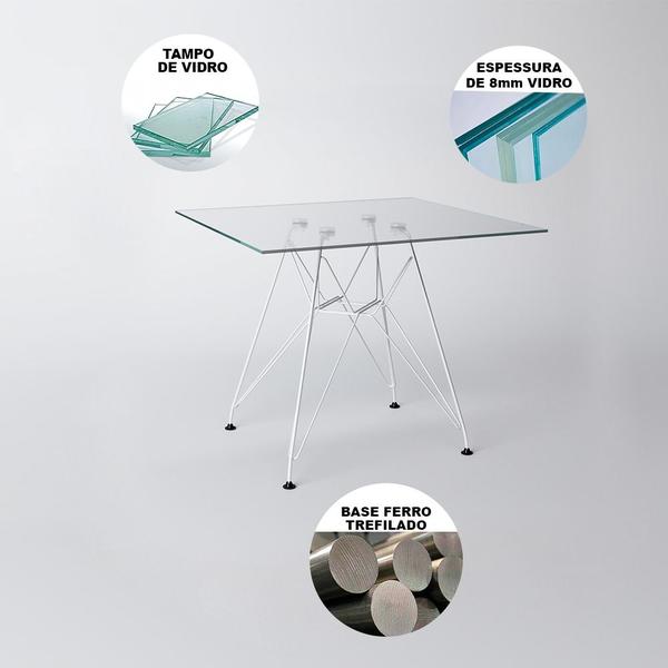 Imagem de Mesa de Jantar Vidro com 4 Cadeiras Pretas Eames Eiffel Quadrada 90cm Base Ferro Branco