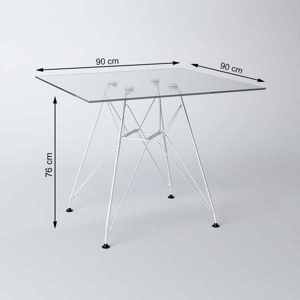 Imagem de Mesa de Jantar Vidro com 4 Cadeiras Pretas Eames Eiffel Quadrada 90cm Base Ferro Branco