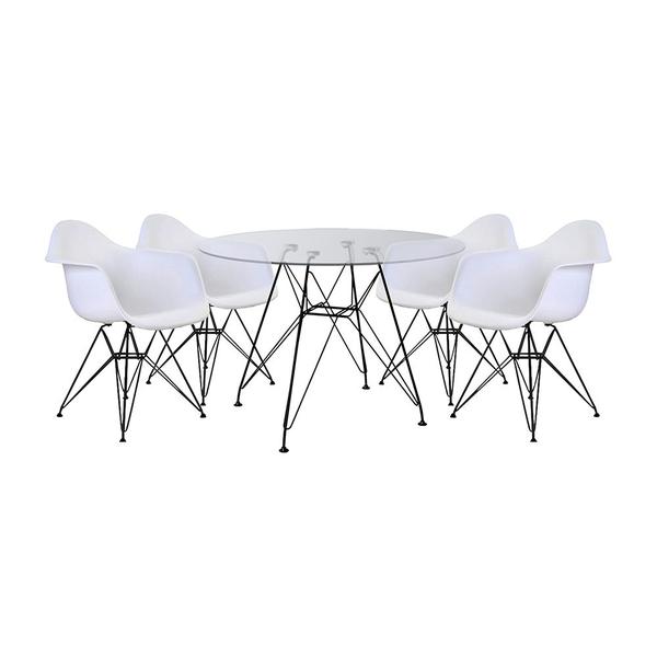 Imagem de Mesa de Jantar Vidro Redonda 90cm Eames Eiffel com 4 Poltronas Brancas Ferro Preto