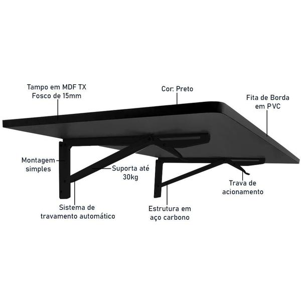 Imagem de Mesa De Parede Dobrável Pérsia Para Cozinha Apartamento 60cm X 45cm Preto