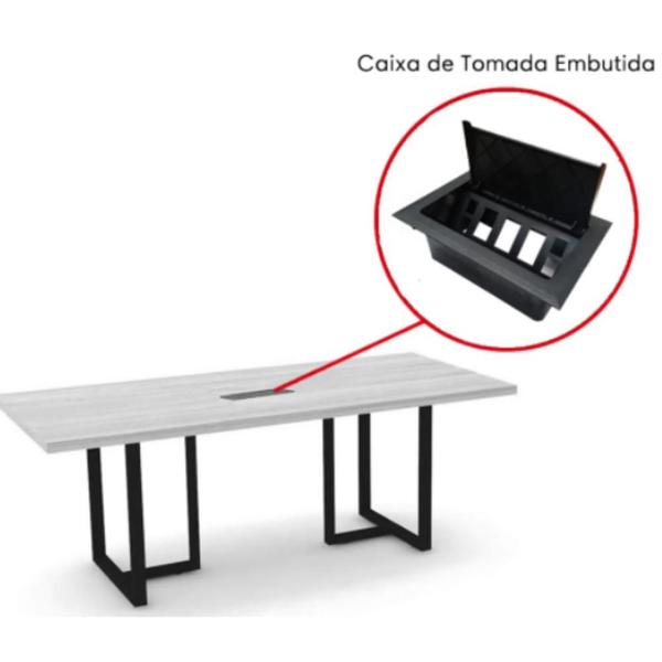 Imagem de Mesa de Reunião com Caixa de Tomada 200x90 cm Pé Tubular PE25 em MDP Nogueira CasaBlanca Base Preta