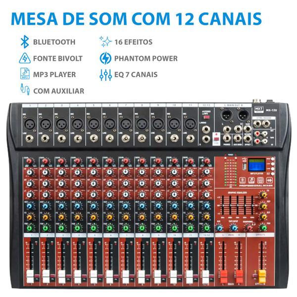 Imagem de Mesa de Som 12 Canais MX12TEQ Combo Phantom Power Bluetooth AUX 16 Efeitos EQ 7 BAND MXT