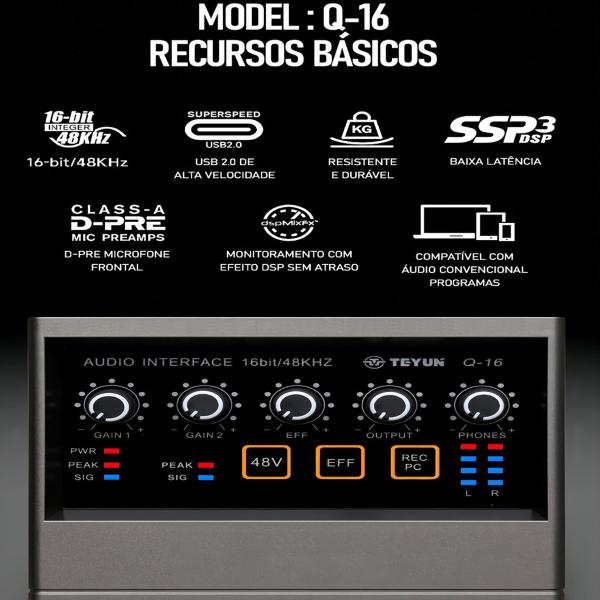 Imagem de Mesa De Som Interface De Audio Mixer Placa de Som Q-16 Gravação Profissional Mixer De Áudio Usb