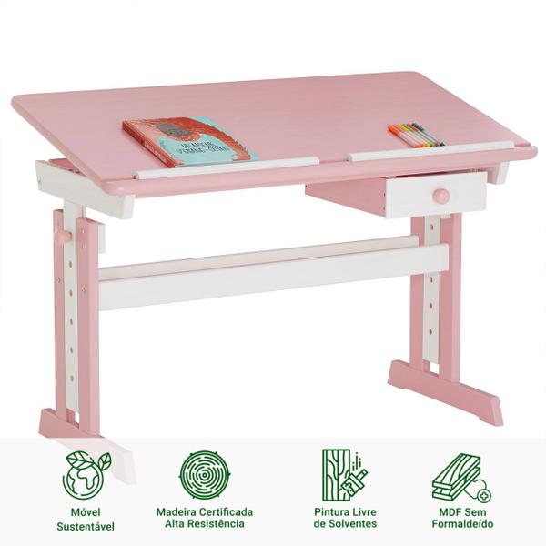 Imagem de Mesa Desenho Infantil Menina Madeira Regulável Flexi Branco Rosa