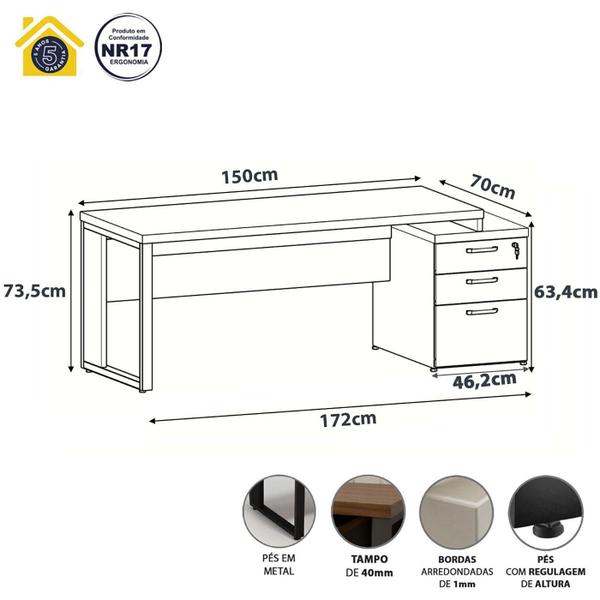 Imagem de Mesa Diretor Escritório 1,50m a 1,72m 3 Gavetas Pé Metal F5