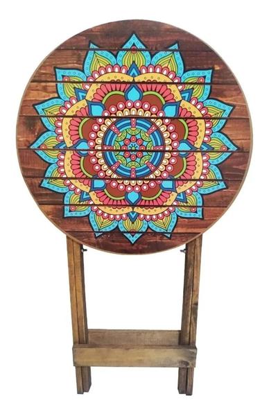 Imagem de Mesa Dobravel De Madeira Mandala Rústica Adesivada Redonda