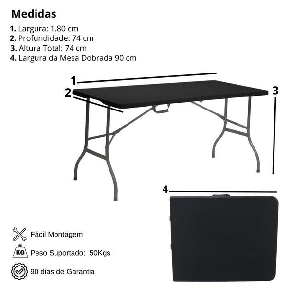 Imagem de Mesa Dobrável de Plástico Preta 180 X 74 CM Cor Preta