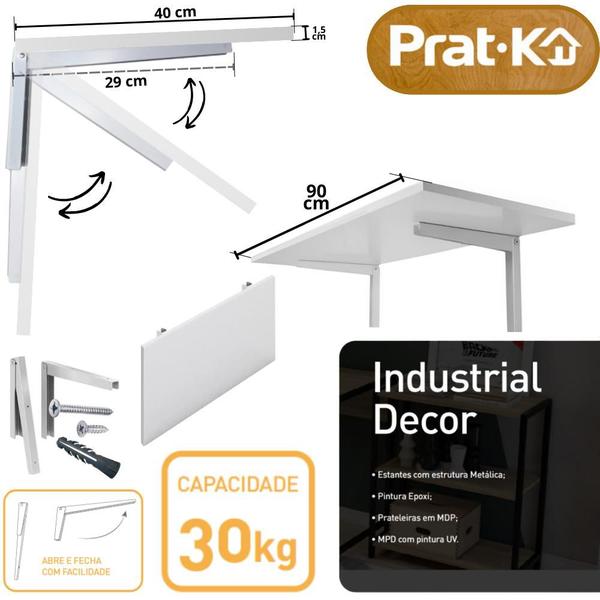 Imagem de Mesa Dobrável Parede Escritorio Industrial Utilita 40x90 MDF Cores Branco E Nogueira Suporte Prat-k