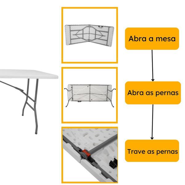 Imagem de Mesa Dobrável Portátil Vira Maleta Camping Praia Churrasco Com Alça de Transporte Polipropileno 180cm x 74cm Branca