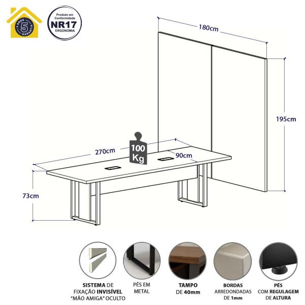 Imagem de Mesa Escritório 2,70m 2 CX de Tomada e Painel de TV Duplo F5