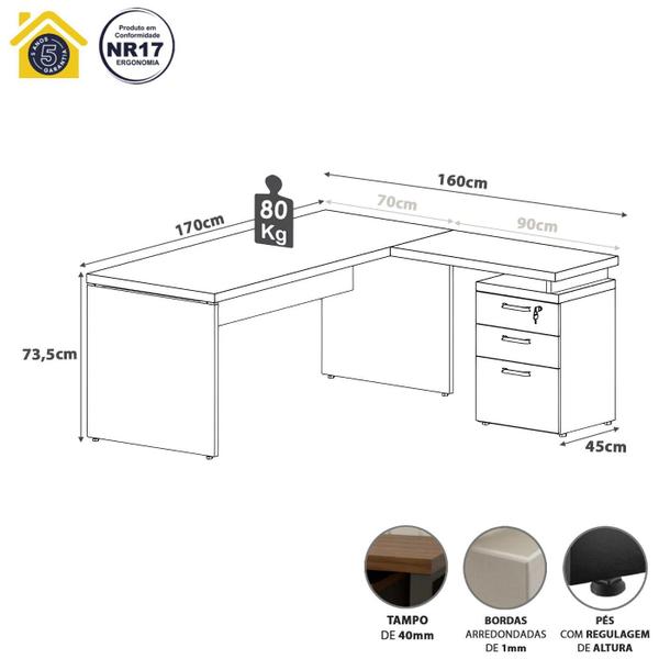 Imagem de Mesa Escritório L 170cm x 70cm Gaveteiro 3 Gav. Pé Painel F5