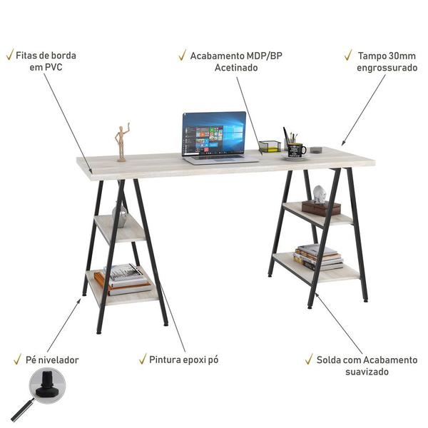 Imagem de Mesa Escrivaninha Cavalete 150cm Estilo Industrial Prisma C08 Snow/Preto - Mpozenato