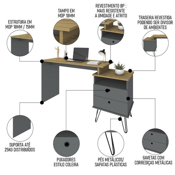 Imagem de Mesa Escrivaninha Estilo Industrial Flex Lux A06 Olmo/Grafito - Mpozenato