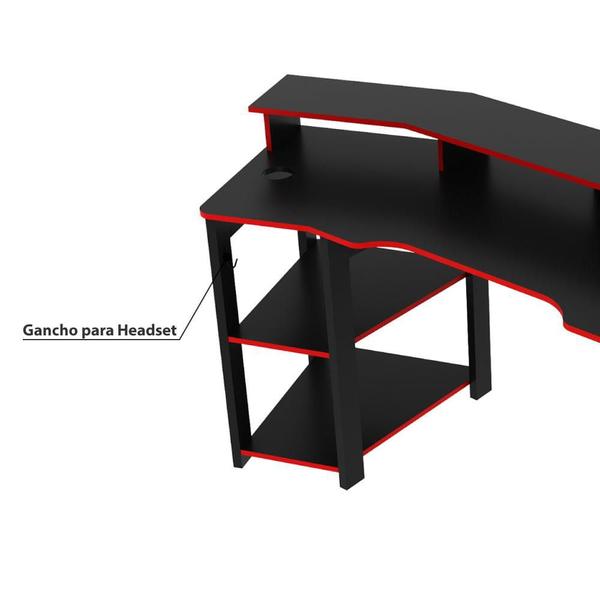 Imagem de Mesa Escrivaninha Gamer com Gancho para Headset - Preto/Vermelho