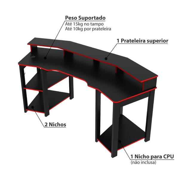 Imagem de Mesa Escrivaninha Gamer com Gancho para Headset - Preto/Vermelho