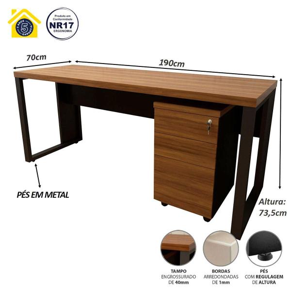 Imagem de Mesa Escrivaninha Industrial 1.90m Pés Metal Nogal F5 Office