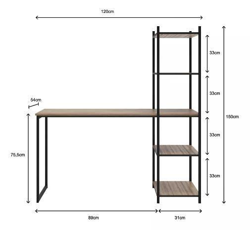 Imagem de Mesa Escrivaninha Industrial Com Estante De 5 Prateleiras Acopladas Ferro E Madeira Nórdico Vintage Estudo Home Office Madeirado Com Preto