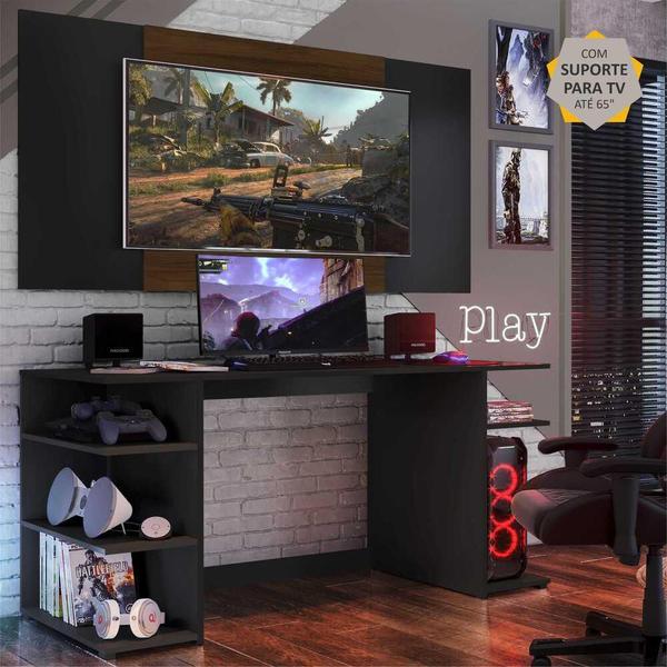 Imagem de Mesa Gamer com Painel e Suporte TV 55" Guilda Multimóveis Preto/Madeirado