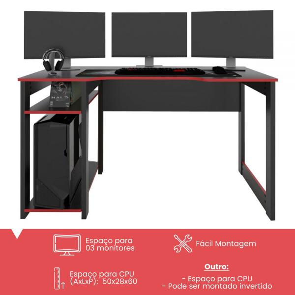 Imagem de Mesa Gamer Dark para 3 Monitores Preto/Vermelho - Pnr Móveis