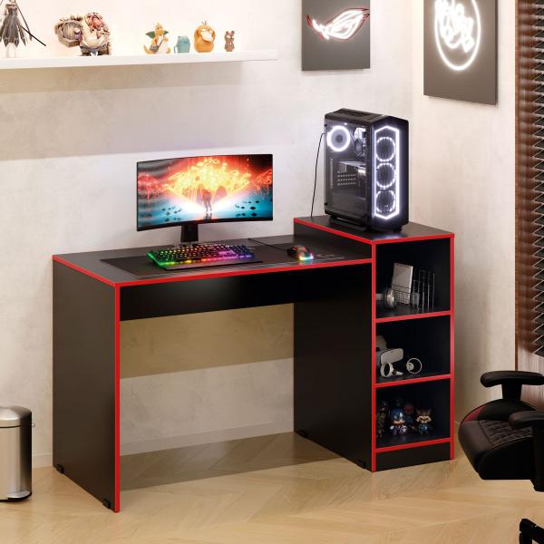 Imagem de Mesa Gamer  EE Escrivaninha com Nichos Vermelho e Preto