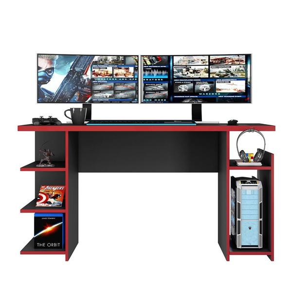 Imagem de Mesa Gamer Escrivaninha Para Computador Home Office Nicho CPU 3 Prateleiras Quarto Preta e Vermelha