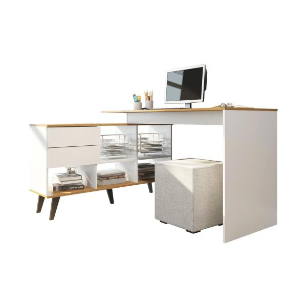 Imagem de Mesa Home Office com Estante Nicho 145 x 128 Cm 2 Gavetas Pés Retrô MDP Branco Carvalho 0747 MENU