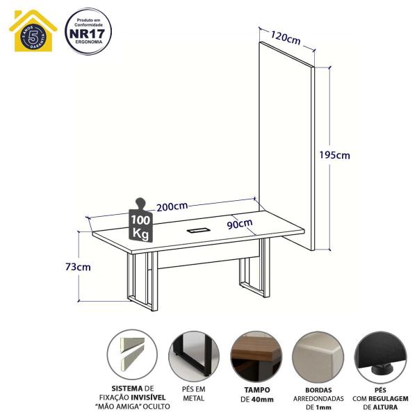 Imagem de Mesa Industrial 2m 1 Cx de Tomada Pé Metal e Painel de TV F5