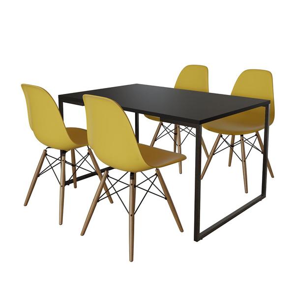 Imagem de Mesa Industrial Base de Ferro Preto Tampo 137x90 Preto 4 Cadeiras Eames Madeira Assento Amarelo