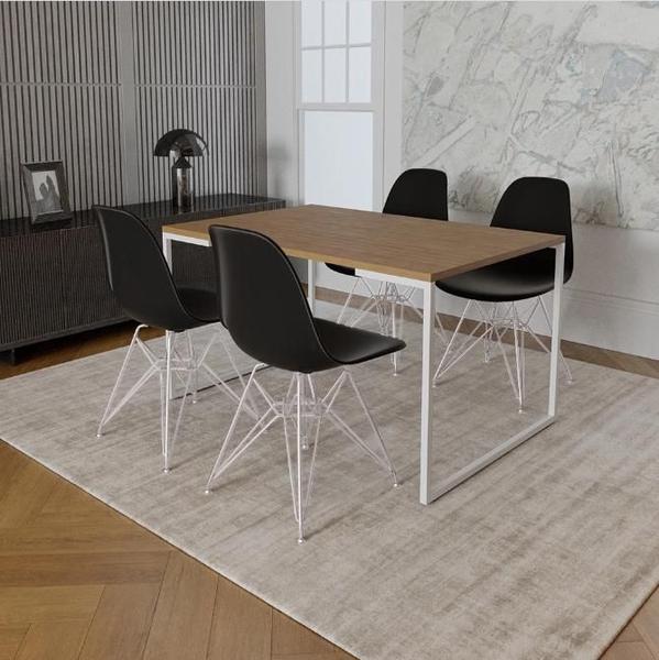 Imagem de Mesa Industrial Base Ferro Branco Tampo 137x90 Amendoa 4 Cadeiras Eames Ferro Branco Assento Preto