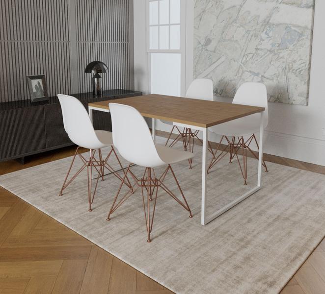 Imagem de Mesa Industrial Base Ferro Branco Tampo 137x90 Amendoa 4 Cadeiras Eames Ferro Cobre Assento Branco